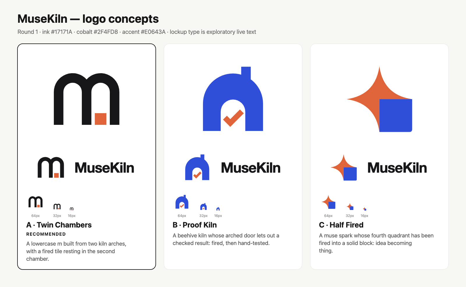 The concept sheet our test run made for MuseKiln: three logos at full size, in a lockup and at 64, 32 and 16 px